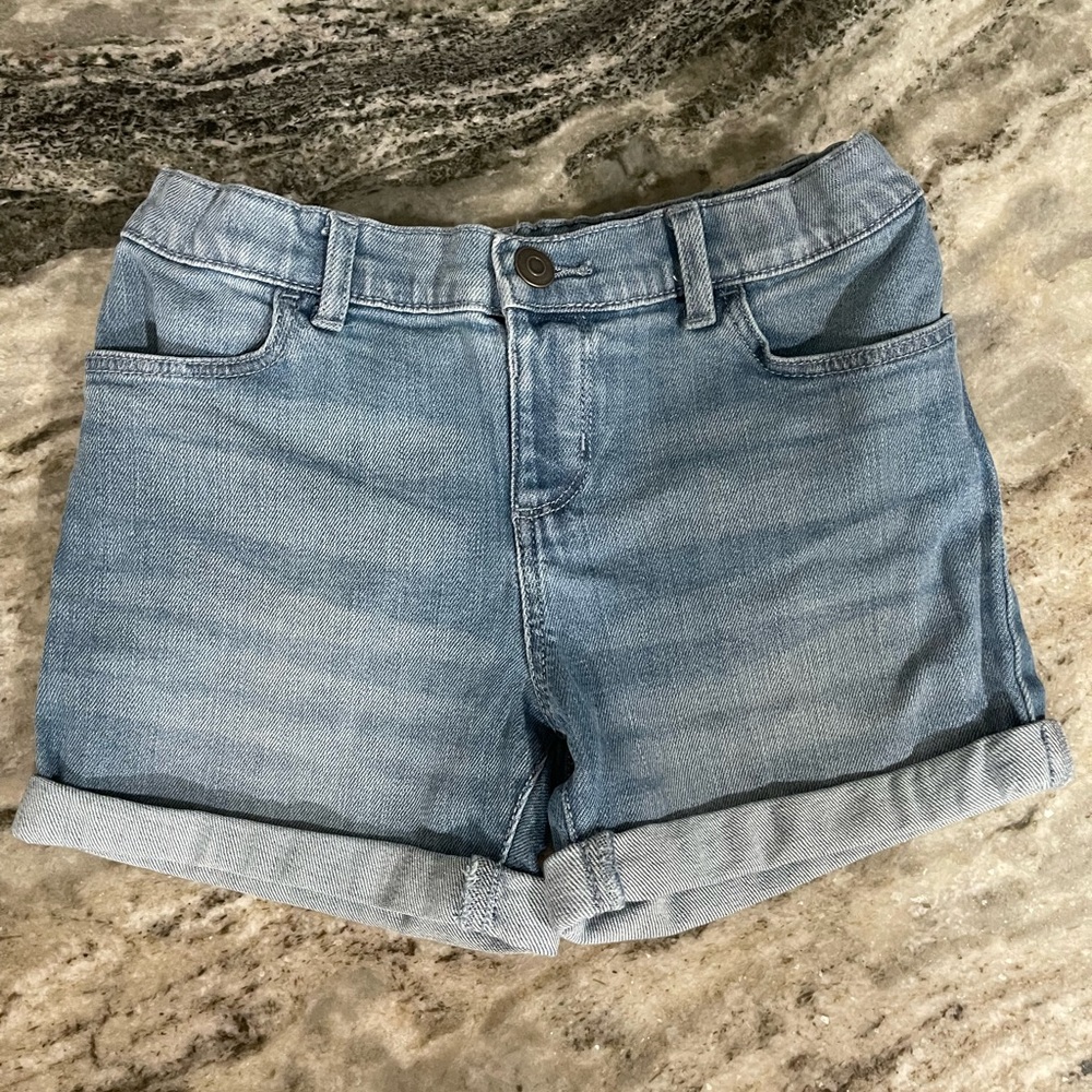 Lot of 2 Denim Blue Girl’s Shorts, medium wash & dark wash cuffed